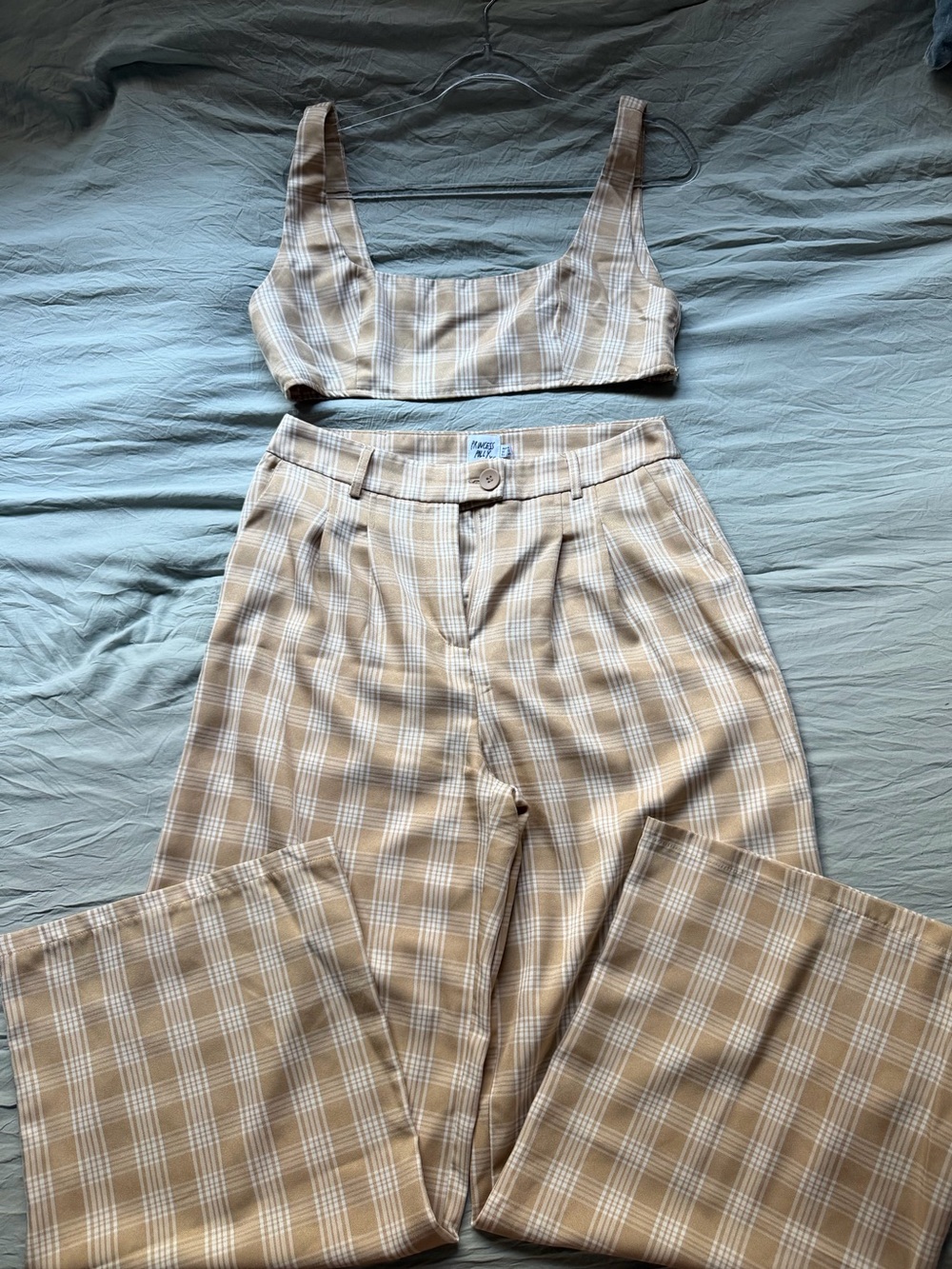 Princess Polly Huxley Set - Beige Check - Crop Top & Wide Leg Pants - Size 12